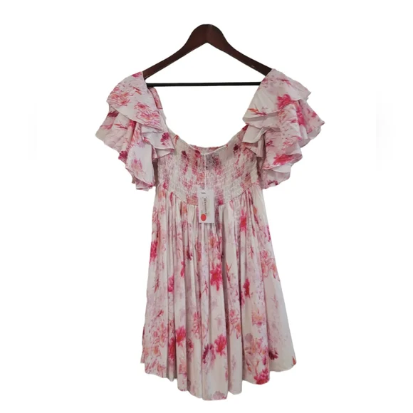 New Misa Los Angeles Women's Pink Floral Smocked Off Shoulder Mini Dress Medium - Picture 5 of 6